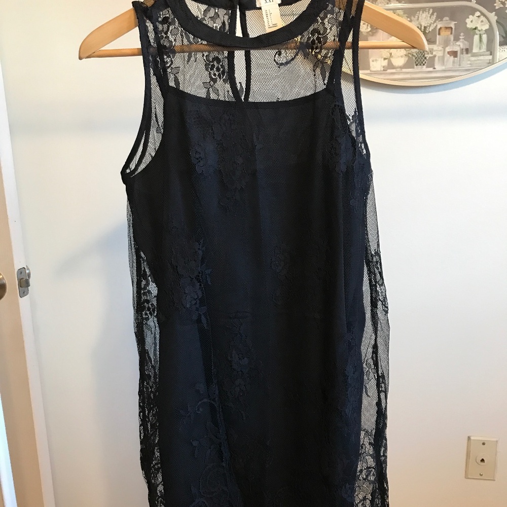 XXI black cami shift dress with lace overlay